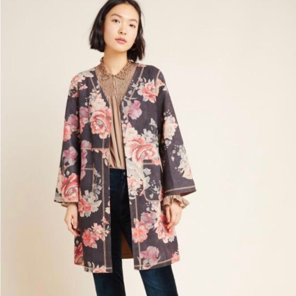 ANTHROPOLOGIE Emilie Sueded Long Kimono Jacket M Gray Coral Floral Cottagecore